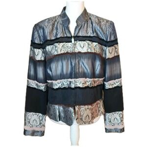 Nueva Jacket Blazer Womens 14 Black Silver Metallic Velvet Zip Front Boho Dressy